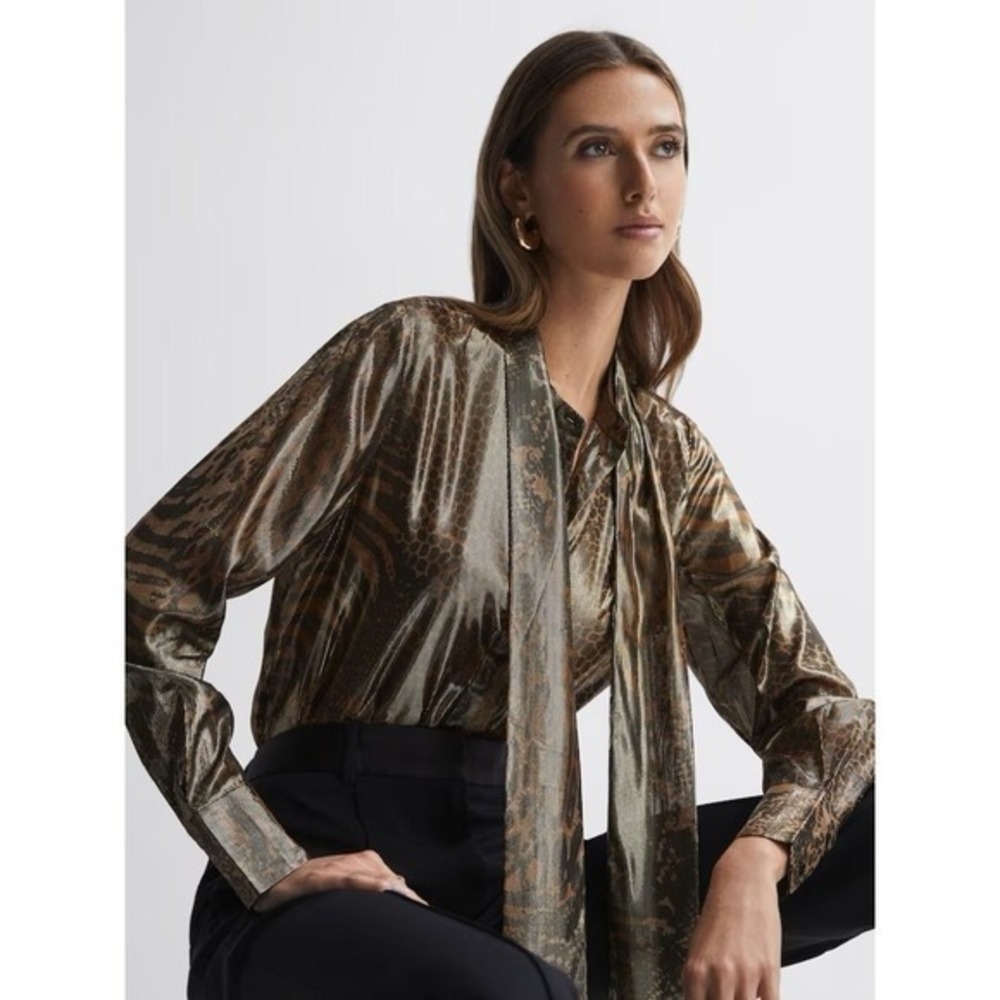 REISS Kendall Metallic Animal Print Tie Neck Blouse Gold Buttondown Size 8